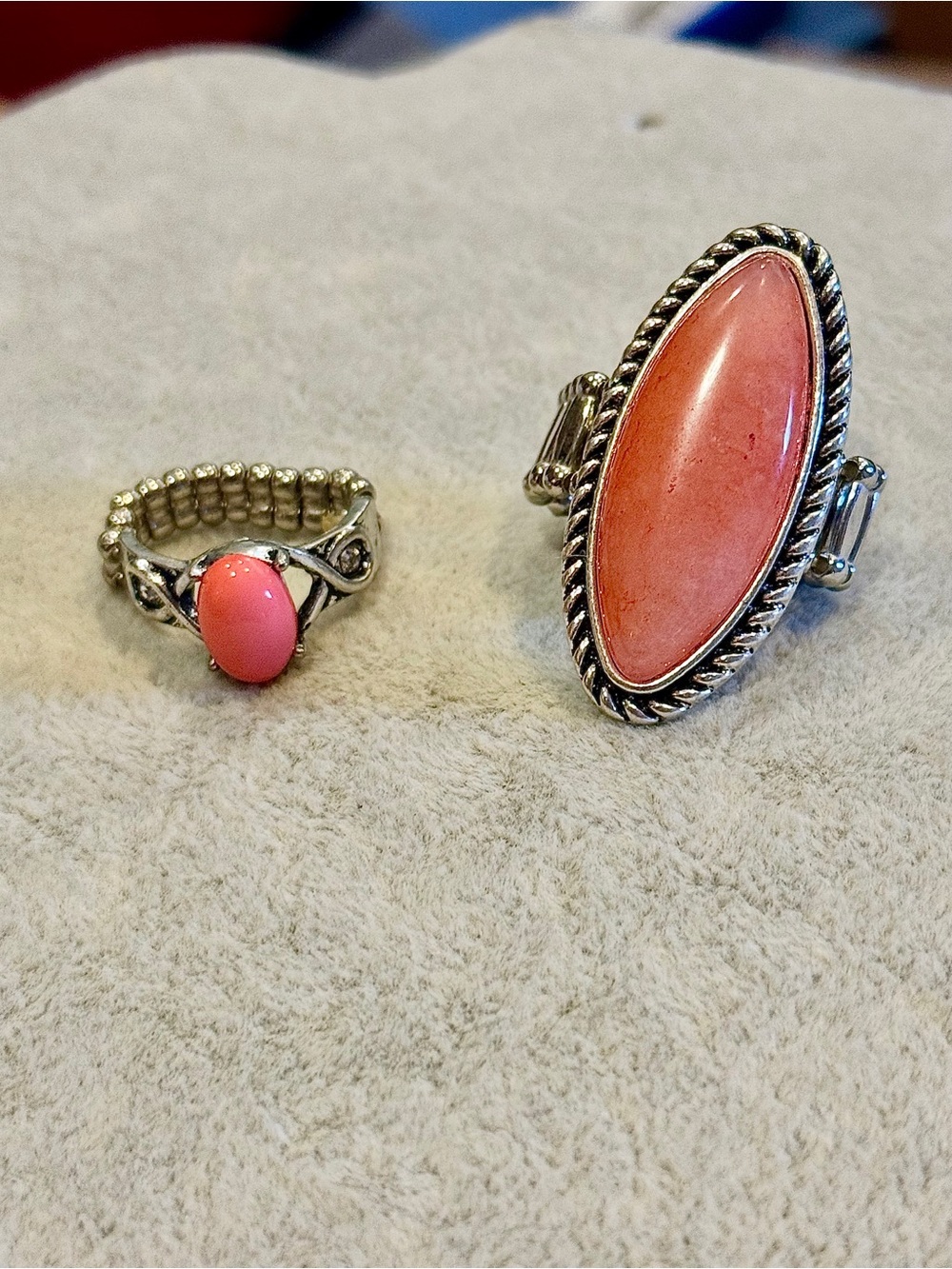 Coral Pink Stone & Silver Adjustable Rings New 2pc